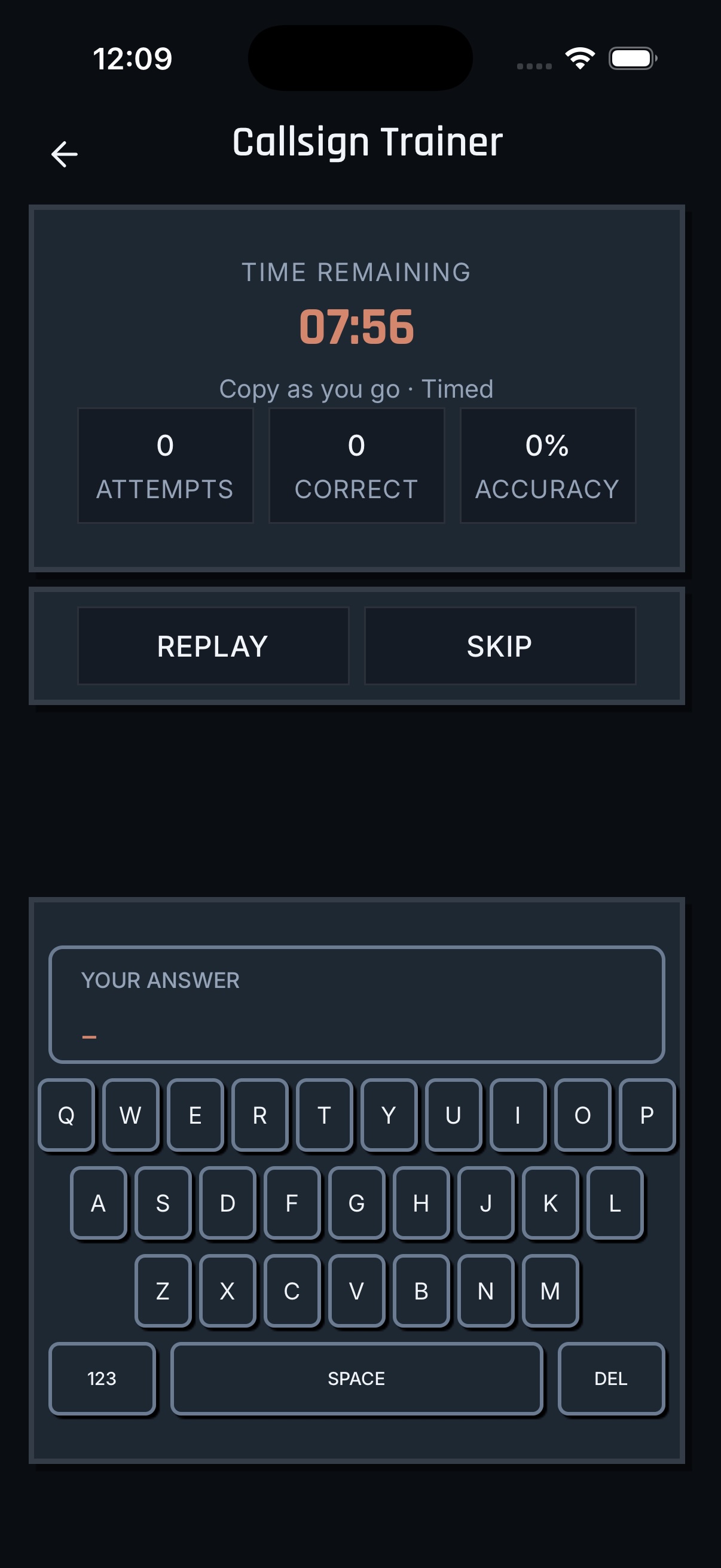 MorseForge Callsign Trainer active session