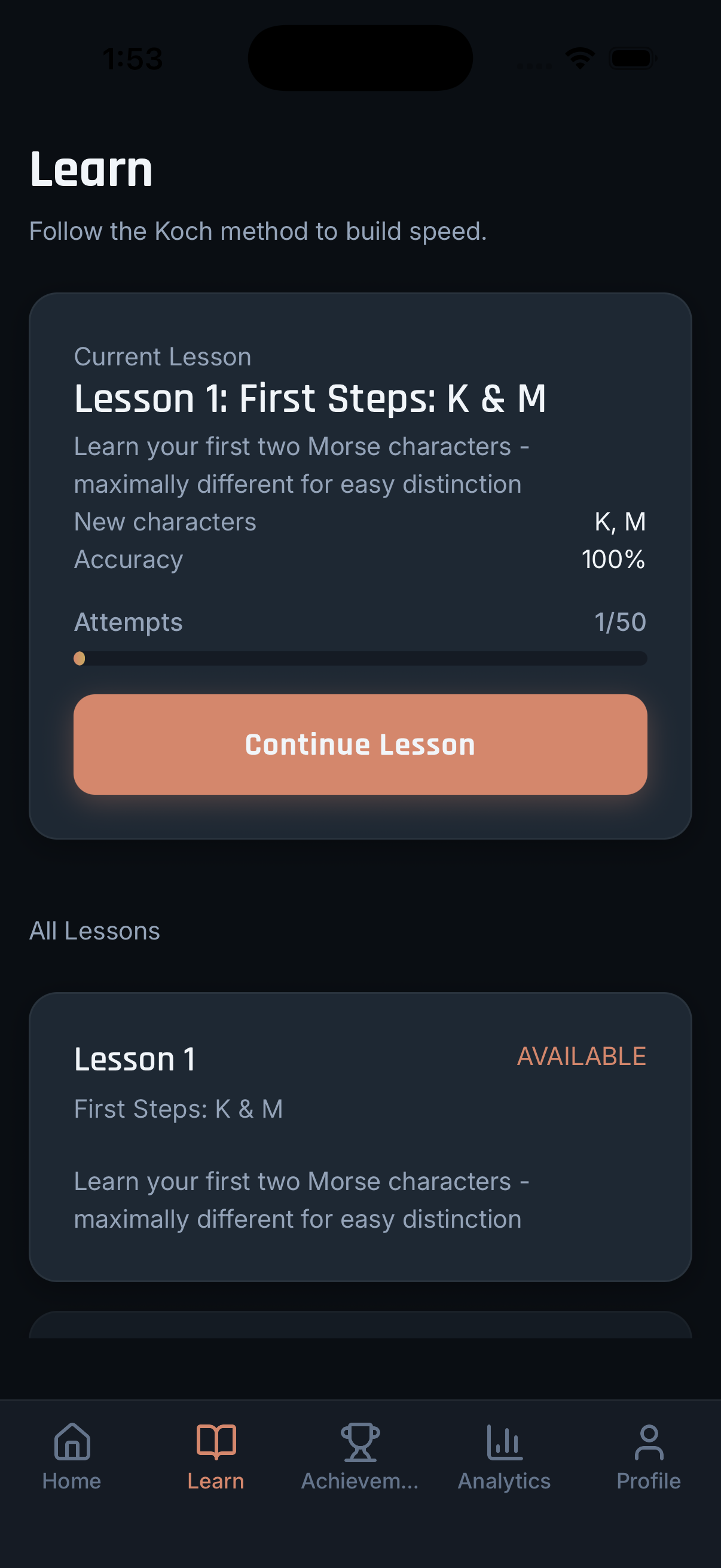 MorseForge Learn Screen