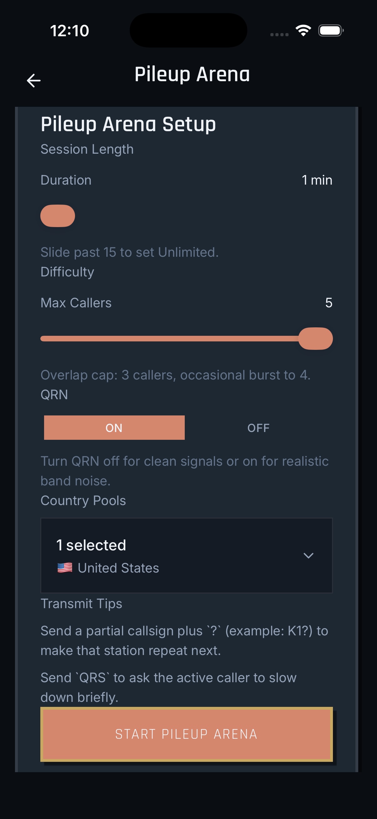 MorseForge Pileup Arena setup screen